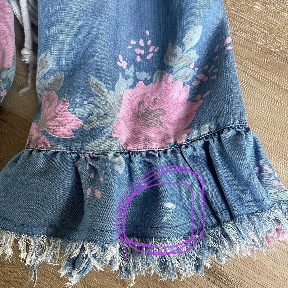 Ali Miles Off The Shoulder Floral Chambray Tunic XL Rope Tie Fray Hem Cottage - Picture 11 of 11